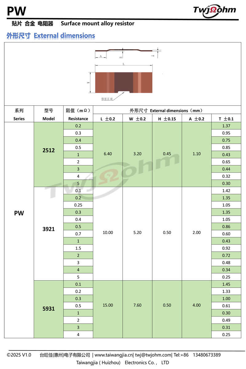 贴片合金分流器PW5930电流检测采样电阻器1mr2mr毫欧